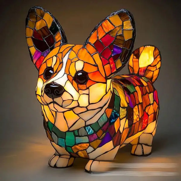 Prismatic corgi lamp glowing